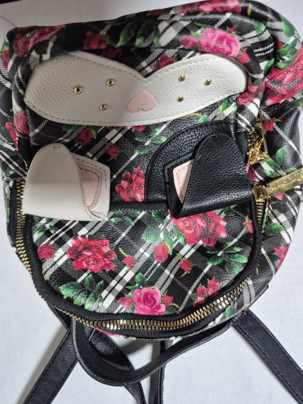 Betsey Johnson Cat Face Mini Backpack Floral Plaid Rose Kitsch Bag